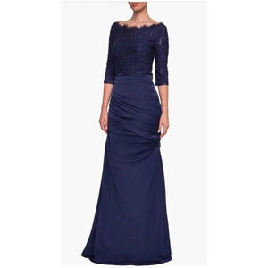 NEW La Femme 24926 Lace and Jersey Trumpet Gown Dress Navy Size 6